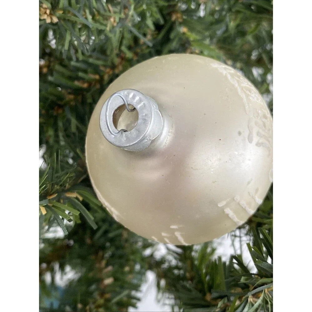 Vintage White Made USA MERRY CHRISTMAS Mica Stenciled Ball Ornament Holiday